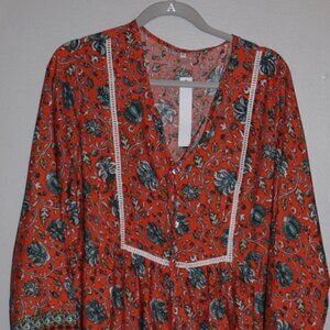 Gaovot Orange & Green Floral LS Shift Dress Size XL